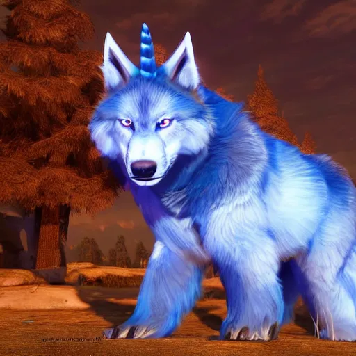 Image similar to a giant blue wolf with a white main and two unicorn horns, a white star shape on its forehead, yellow eyes, beautiful, ultra realistic, great wolf, unreal engine 5, dynamic lighting, highly detailed, lightning around