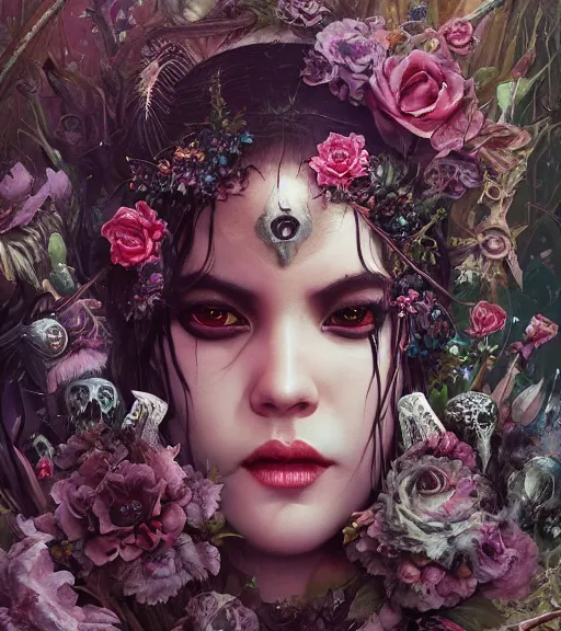 Image similar to portrait of the supreme queen of the dark cult, surrounded by skulls and overgrowth and dark flowers by WLOP, karol bak, James Jean, tom bagshaw, rococo, trending on artstation, cinematic lighting, hyper realism, octane render, 8k, hyper detailed.