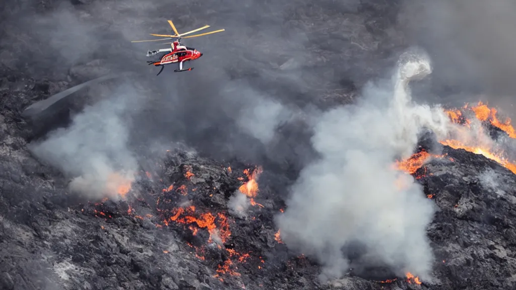 Image similar to person wearing a sponsored team jersey with logos jumping out of a helicopter with a surfboard into a volcano, action shot, dystopian, thick black smoke and fire, sharp focus