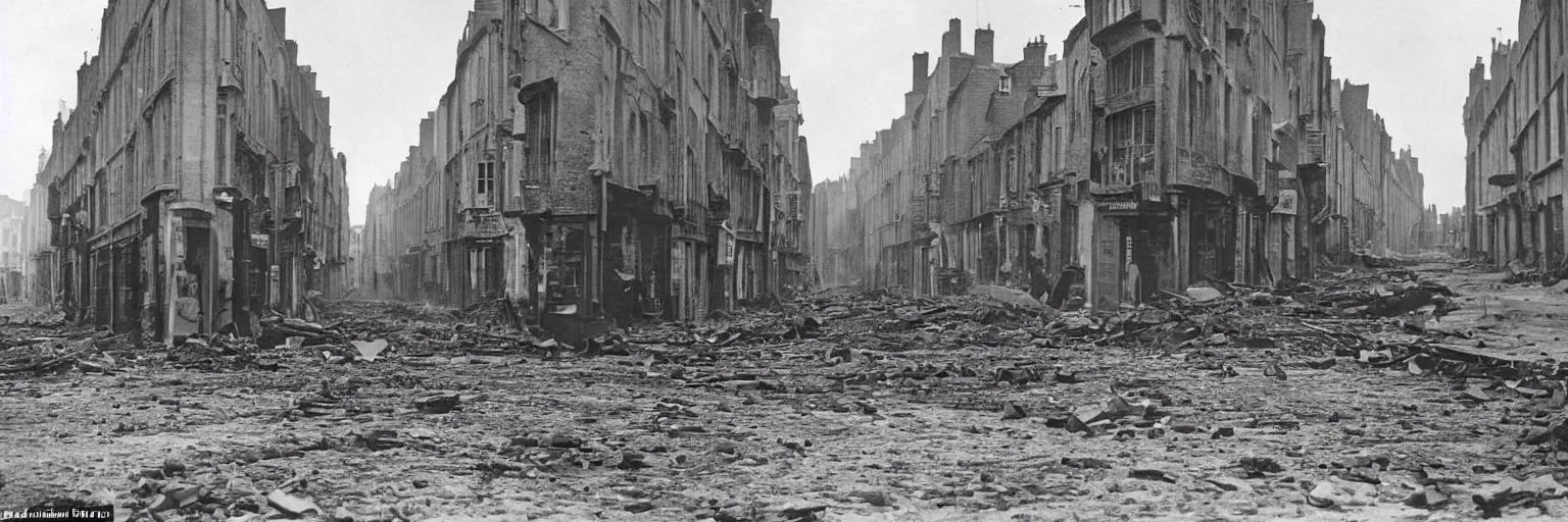 Prompt: a colour photo of the street of saint - malo after being bombed in 1 9 4 5 at night