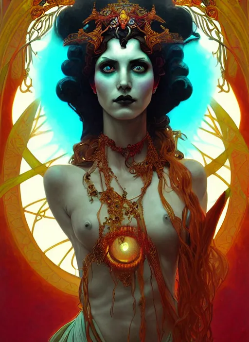 Prompt: the goddess hera looking angry, glowing eyes, paper tunic, volumetric lights, red and cyan theme, art nouveau botanicals, gothic, intricate, highly detailed, digital painting, artstation, concept art, smooth, sharp focus, symmetric face, illustration, art by artgerm and greg rutkowski and alphonse mucha