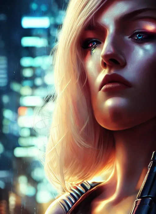 Image similar to photo of a gorgeous blonde female in cyberpunk city, realistic, sharp focus, 8 k high definition, insanely detailed, intricate, elegant, artgerm, greg kutkowski, high contrast dramatic lighting