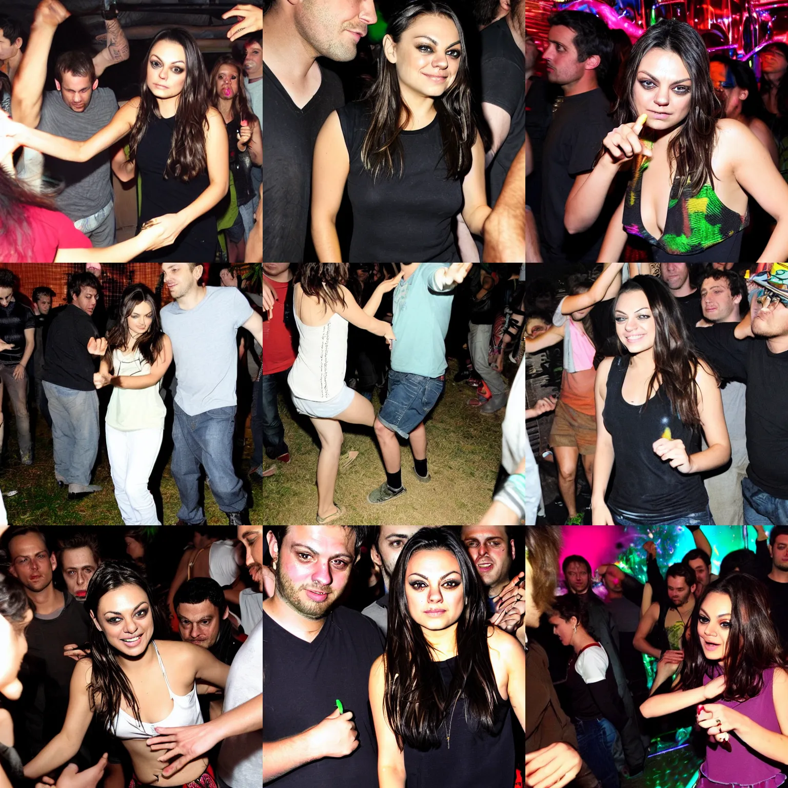 Prompt: mila kunis at a drum and bass jungle party dancing with me