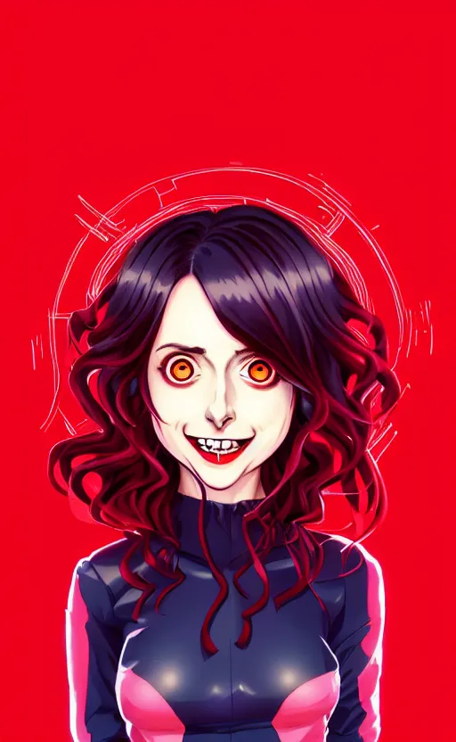 Prompt: beautiful anime vampire girl Alison Brie sharp teeth, red glowing hair, smiling, full body pose, symmetrical face symmetrical eyes, blurry background, Jamie McKelvie comic art, Alexandra Fomina artstation, face by Ilya Kushinov style, style by Loish, Norman Rockwell, painterly style, flat illustration