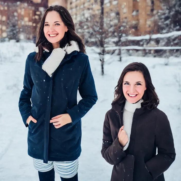 Image similar to a beautiful girl from minnesota, brunette, joyfully smiling at the camera opening her brown eyes. thinner face, irish genes, dark chocolate hair colour, wearing university of minneapolis coat, perfect nose, morning hour, plane light, portrait, minneapolis as background. healthy, athletic, in her early 2 8 s