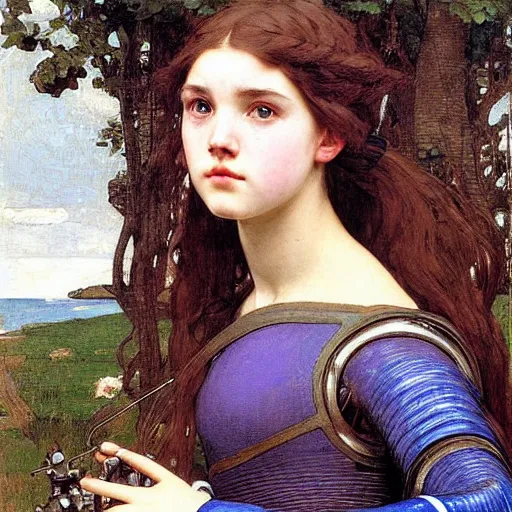 Image similar to a realistic face portrait of a teenage girl who looks like Uma Thurmond and Anya Taylor Joy with an anxious expression and parted lips, wearing mechanical robotic battle armor, by John William Waterhouse, Frederic Leighton, Alphonse Mucha, Edward Burne Jones