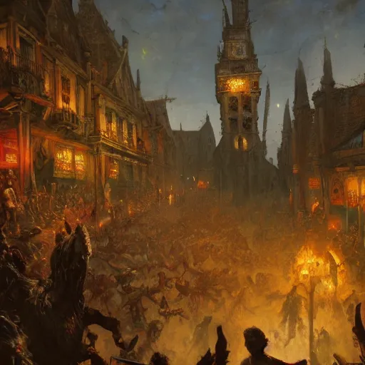 Prompt: zombies attack medieval town, close up, painting by gaston bussiere, craig mullins, j. c. leyendecker, 4 k, 8 k, trending on artstation, artstationhd, artstationhq, highest detail