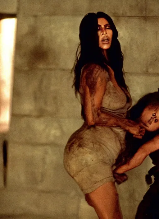 Image similar to film still of kim kardashian being held against a wall by a predator in the movie Alien.