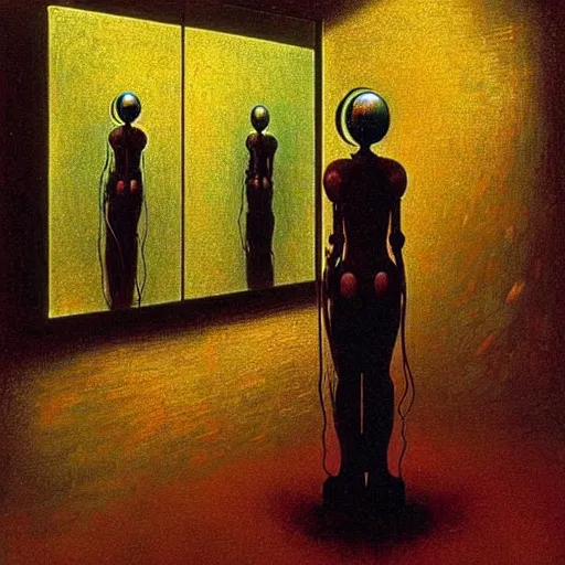 Prompt: The robot recognizes itself in the mirror- contest-winning artwork by Salvador Dali, Beksiński, Van Gogh and Monet. Stunning lighting