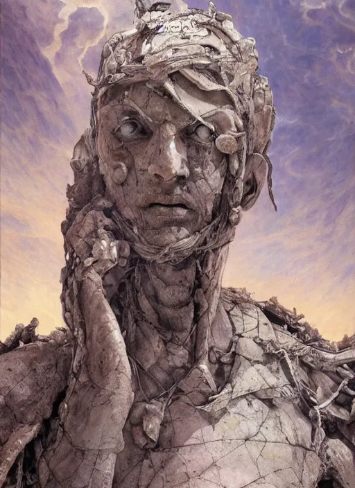 Image similar to ancient biblical statue of a diabolical marble cyborg, wearing torn white cape, dynamic pose, thunder, glowing eyes, post apocalyptic ancient ruins, glowing veins subsurface scattering, in clouds, sunset, portrait, by gerald brom, by mikhail vrubel, by peter elson, muted colors, extreme detail, trending on artstation, 8 k