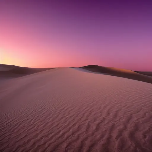 Prompt: endless desert dunes in front of a pink sky, surreal,