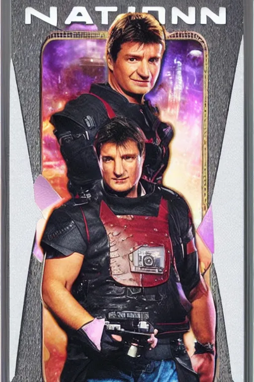 Image similar to card game of nathan fillion, full - view, futuristic, nft