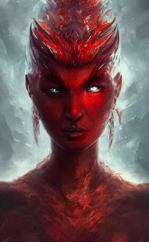 Image similar to face portrait of dragon kin woman, with pretty red ruby eyes, dynamic lighting, fantasy concept art, trending on art station, stunning visuals, creative, cinematic, ultra detailed