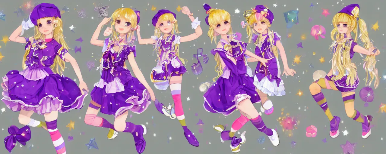 Prompt: A character sheet of full body cute magical girls with short blond hair wearing an oversized purple Beret, Purple overall shorts, Short Puffy pants made of silk, pointy jester shoes, a big billowy scarf, Golden Ribbon, and white leggings. Covered in stars. Short Hair. Decora Rainbow accessories all over. Gold Ribbon. Flowing fabric. Ruffles and lace. Intricate, elegant, Highly Detailed. Smooth, Illustration Photo real. realistic. Hyper Realistic. Sunlit. Moonlight. Surrounded by clouds. 4K. UHD. Denoise. Art by william-adolphe bouguereau and Paul Delaroche and Alexandre Cabanel and Lawrence Alma-Tadema and WLOP and Artgerm. baroque painting.