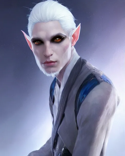 Image similar to character portrait of a slender half elven man with white hair, piercing bright blue eyes, and pale bluish skin, by greg rutkowski, mark brookes, jim burns, tom bagshaw, trending on artstation