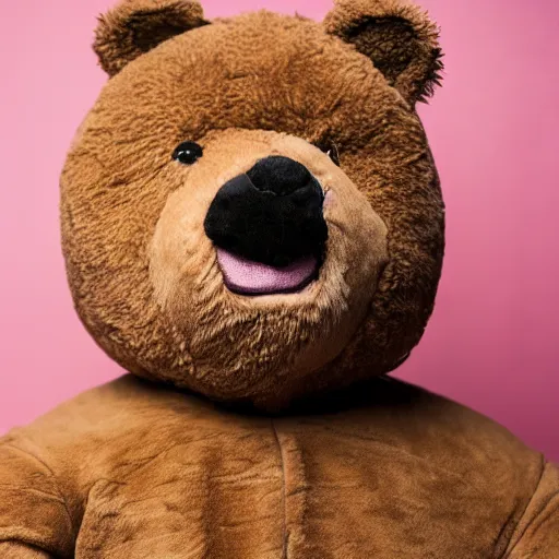 Prompt: the face of kanye west wearing a full teddy bear costume at 4 2 years old, portrait by julia cameron, chiaroscuro lighting, shallow depth of field, 8 0 mm, f 1. 8