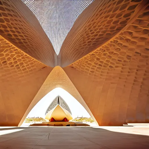 Image similar to interior of a futuristic lotus temple with gold, red and white marble panels, in the desert, by buckminster fuller and syd mead, intricate contemporary architecture, photo journalism, photography, cinematic, national geographic photoshoot