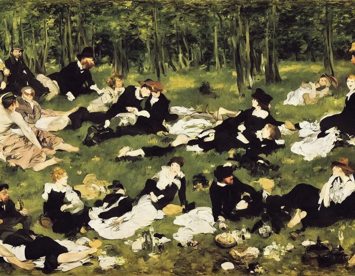 Prompt: edouard manet. very close up detailed depiction of people picknick on a blanket on a meadow in the woods. woman and men dressed in black. blanket, beer, music. one woman with three men. a very nice an afternoon with the. little river in background. dark forest. hyperrealistic.