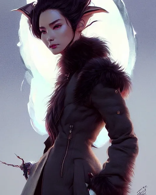 Prompt: fur - lined dragonhide jacket!!! beautiful and elegant female!! gorgeous ayes!! character concept art, sharp focus, illustration, artgerm!! greg rutkowski! wlop!! ilya kuvshinov!! marc brunet!! octane render! unreal engine 5! highly rendered!! trending on artstation!! cgi vfx!