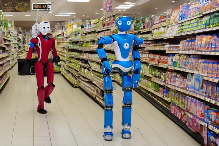 Image similar to photojournalism of sleek humanoid robot walking out of grocery store carrying paper grocery bags