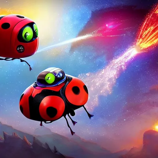 Image similar to promotional movie still, ladybug futuristic ( ( descendants ) ), ladybug quadruped with big rgb eyes, huge ladybug mothership, space western, dramatic lighting, the fellowship of the ring ( film ), ( ( ( wall - e ( film ) ) ) )