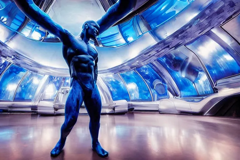 Image similar to vfx movie scene closeup portrait of beautiful blue body paint buff muscular alien man dancing in sleek futuristic decadent spaceship pillars, alien antenna, futuristic ballroom. big eyes, soft skin, giant windows view of earth obit. by emmanuel lubezki