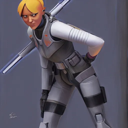 Image similar to Sabine wren concept art painting by Ralph McQuarrie dynamic mood painting