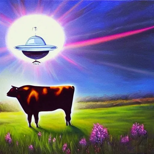 Image similar to a beautiful painting of a cow in a meadow with a ufo flying in the air above the cow, its beam shining on the cow's body.