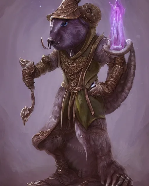 Image similar to High Fantasy whimsical portrait painting of a wise anthropomorphic humanoid mole with a human shaped body, leg high, wearing fantasy formal clothing, wearing fantasy clothing, cgsociety, trending on artstation, dnd