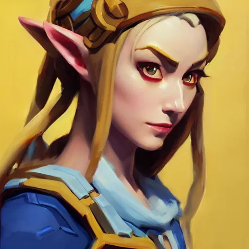 Image similar to greg manchess portrait painting of zelda as overwatch character, medium shot, asymmetrical, profile picture, organic painting, sunny day, matte painting, bold shapes, hard edges, street art, trending on artstation, by huang guangjian and gil elvgren and sachin teng