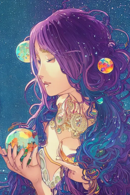 Prompt: psychedelic, intricate, highly detailed, anime, 4k, beautiful seductive slime girl holding a huge orb containing the universe, with professional makeup, long trippy hair, surrounded by gems, underneath the stars, trending on patreon, deviantart, twitter, artstation, volumetric lighting, heavy contrast, by artgerm and Ilya Kuvshinov and alphonse mucha, interstellar galaxy