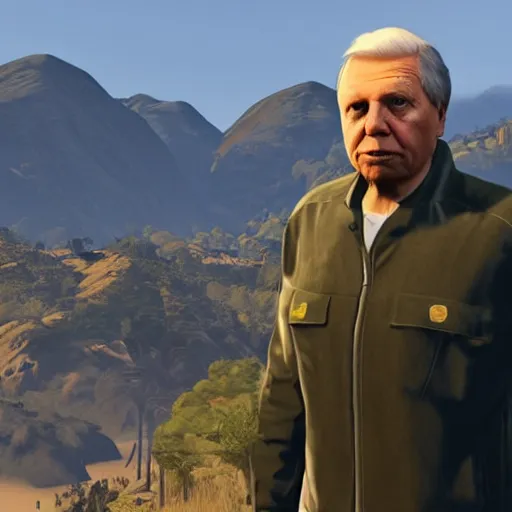 Image similar to david attenborough in grand theft auto 5