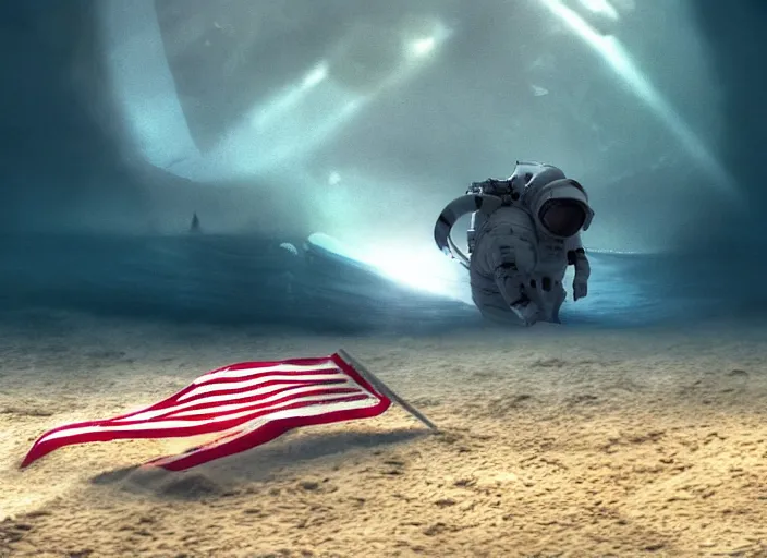 Image similar to astronaut underwater putting a flag in the sand of the bottom of the ocean. there is a futuristic submarine in the distance. dark, concept art, cinematic, dramatic, atmospheric, 8 k, trending on artstation, low visibility, fog, zack snyder