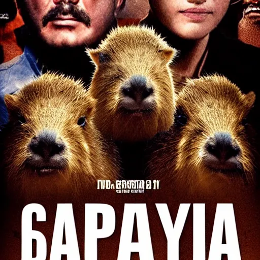 Image similar to movie poster about capybaras, action movie poster, realistic capybaras