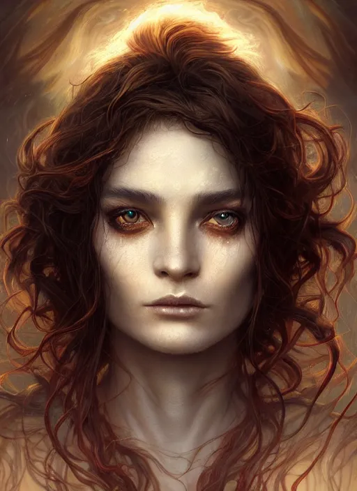 Image similar to creature of the fire!! portrait of a elemental sprite warm murky light, wind blown hair! fantasy esoteric, closeup, d & d, fantasy, intricate, elegant, highly detailed, digital painting, artstation, concept art, matte, sharp focus, illustration, art by artgerm and tom bagshaw and greg rutkowski and alphonse mucha