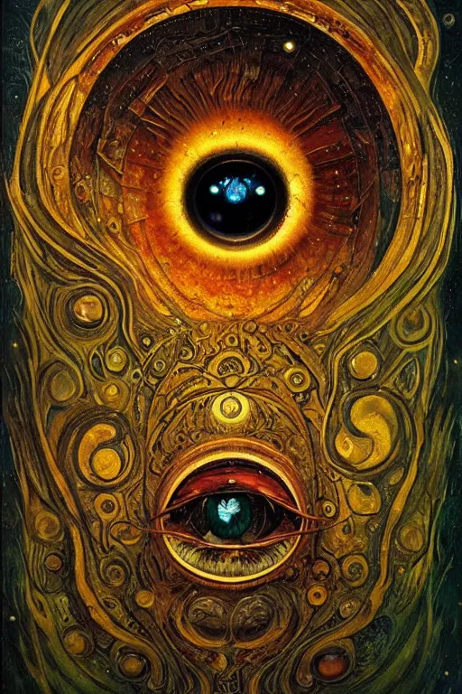 Image similar to The Interdimensional Eye by Karol Bak, Jean Deville, Gustav Klimt, and Vincent Van Gogh, mystic eye, otherworldly, catseye, alien eyes, vortex of monster eyes, fractal structures, arcane, inferno, inscribed runes, infernal relics, ornate gilded medieval icon, third eye, spirals