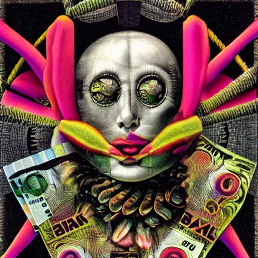 Image similar to post - punk new age album cover, asymmetrical design, frame of a dollar bank notes, capitalism, magic, apocalypse, psychedelic, black white pink, magic, giger h. r., giuseppe arcimboldo