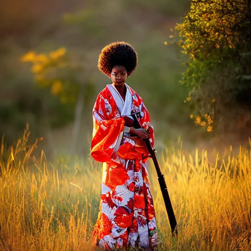 Prompt: “ portrait of a beautiful young afro - asian female shrine maiden holding a rifle. golden hour in the savannah. zeiss 1 5 0 mm f 2. 8 hasselblad, award - winning photo. ”