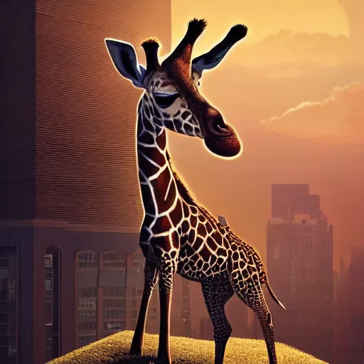 Prompt: a full body painting of a [ giraffe standing on rooftop ] [ safari animal ], intricate, epic lighting, cinematic composition, hyper realistic, 8 k resolution, unreal engine 5, by artgerm, tooth wu, dan mumford, beeple, wlop, rossdraws, james jean, andrei riabovitchev, marc simonetti, artstation