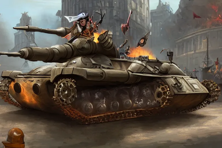 Prompt: A pirate battle tank, mechanical, intricate engineering, driving down a city street