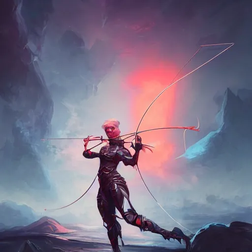 Prompt: action portrait of an astonishing beautiful futuristic archer, glowing neon bow, dungeons and dragons character concept style, realistic, anatomically correct, artgerm and peter mohrbacher style, 4k