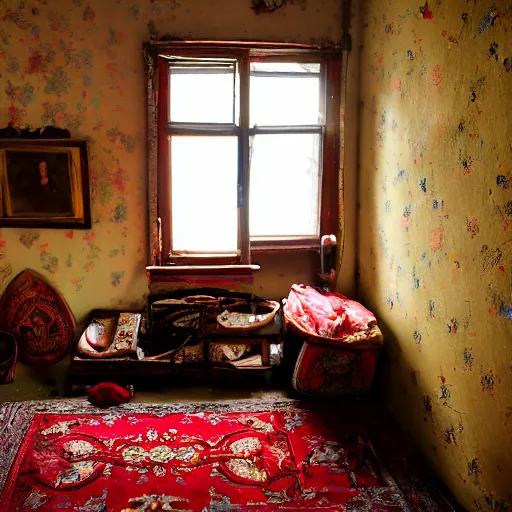 Image similar to A large very dark kitsch filled parlor is dimly lit by a morning sunbeam coming through a window, dust floats in the air, plain walls have slightly cracked with time, a single photo with a broken frame hangs crooked on the wall, a small tattered Persian rug with muted colors is on the floor, a child\'s red but very dusty wagon is in the corner of the room motionless, a ceiling fan with an old draw cord is off, cinematic, vignette, ultrarealistic, super high resolution, photograph, still, serene, low energy, 4K, lighting study