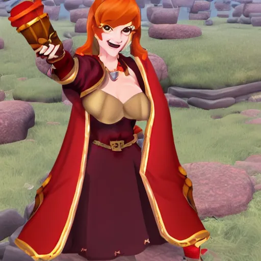 Prompt: natalie from epic battle fantasy, redhead, cartoony, priestess, red robes