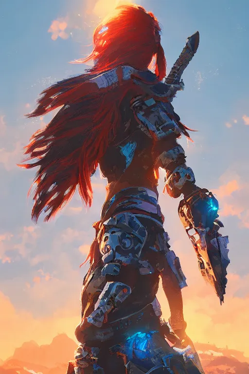 Image similar to combination suit armor aloy horizon forbidden west horizon zero dawn radiating a glowing aura global illumination ray tracing hdr fanart arstation by ian pesty and alena aenami artworks in 4 k tribal robot ninja mask helmet backpack