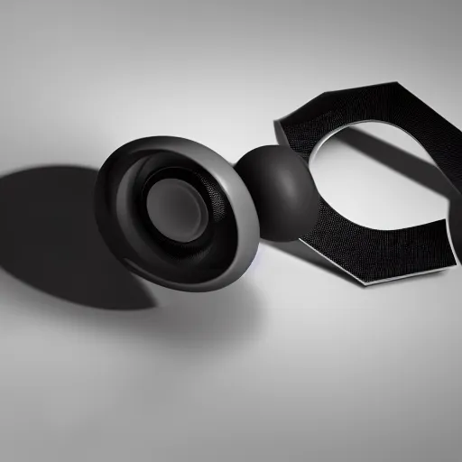 Prompt: aerodynamic audio design concept, behance, arstation, cgsociety electronic high tech musical, very distant shot render matte black, centered on studio gray background, design by james dyson, jonathan ive, futuristic organic shape, all black technologic design, octane engine render, product concept, unreal engine 6 render