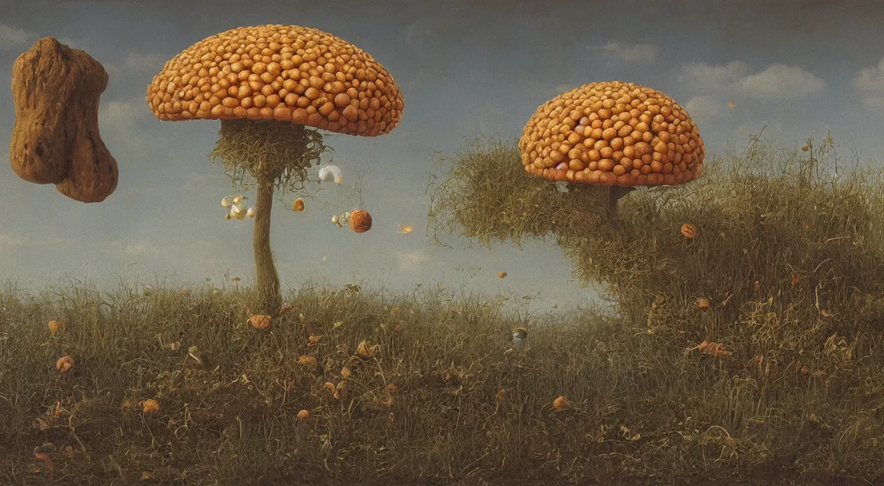 Image similar to one single! fungus floating in the clear sky, a high contrast!! ultradetailed photorealistic painting by jan van eyck, audubon, rene magritte, agnes pelton, max ernst, walton ford, cinematic lighting, masterpiece, 8 k octane 3 d render