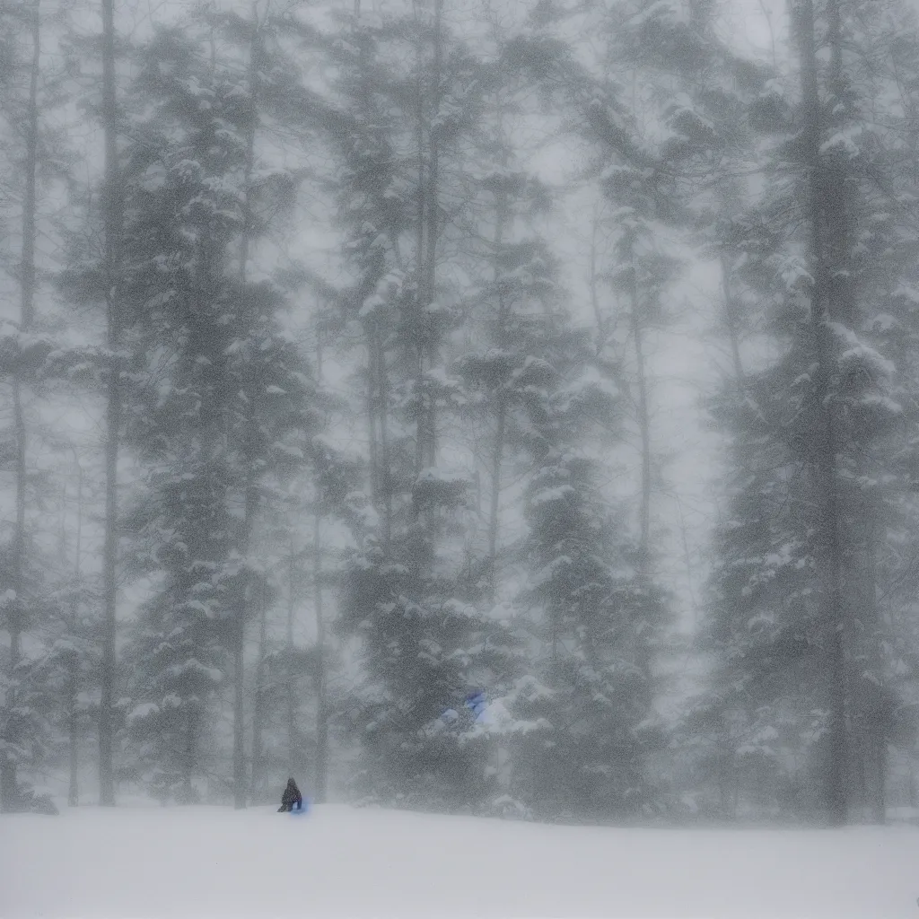 Image similar to photo, bigfoot is hiding in the background. cold color temperature, snow storm. hazy atmosphere. humidity haze. kodak ektachrome, greenish expired film, award winning, low contrast