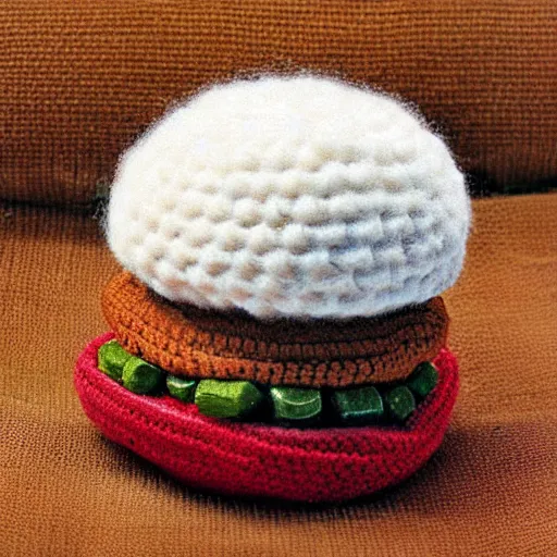 Image similar to realistic photo of a big mac crocheted out of wool, digital art