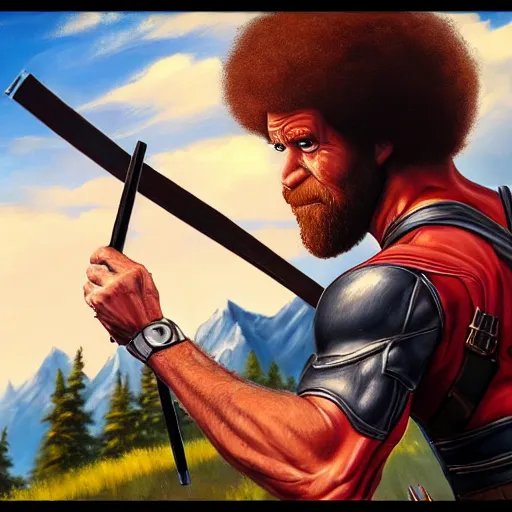 Image similar to a closeup photorealistic photograph of bob ross working on a canvas painting of deadpool. film still. brightly lit scene. mountains and trees. this 4 k hd image is trending on artstation, featured on behance, well - rendered, extra crisp, features intricate detail, epic composition and the style of unreal engine.