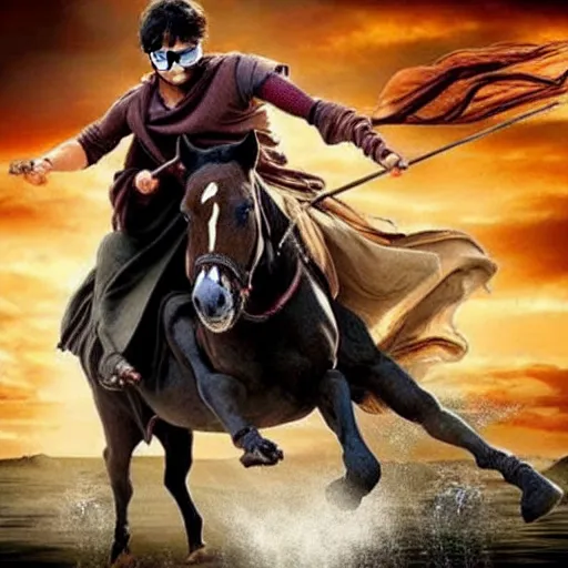 Image similar to harry potter in bahubali ~ on a horse ~